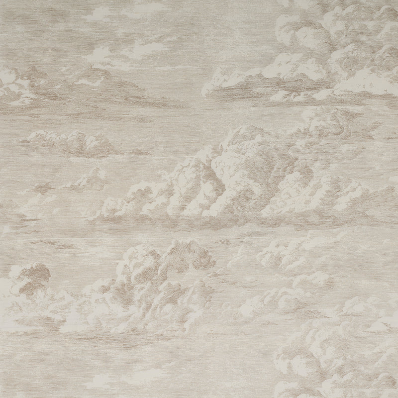 Beige cream-toned wallpaper featuring soft clouds and mountain silhouettes in a vintage textured pattern.