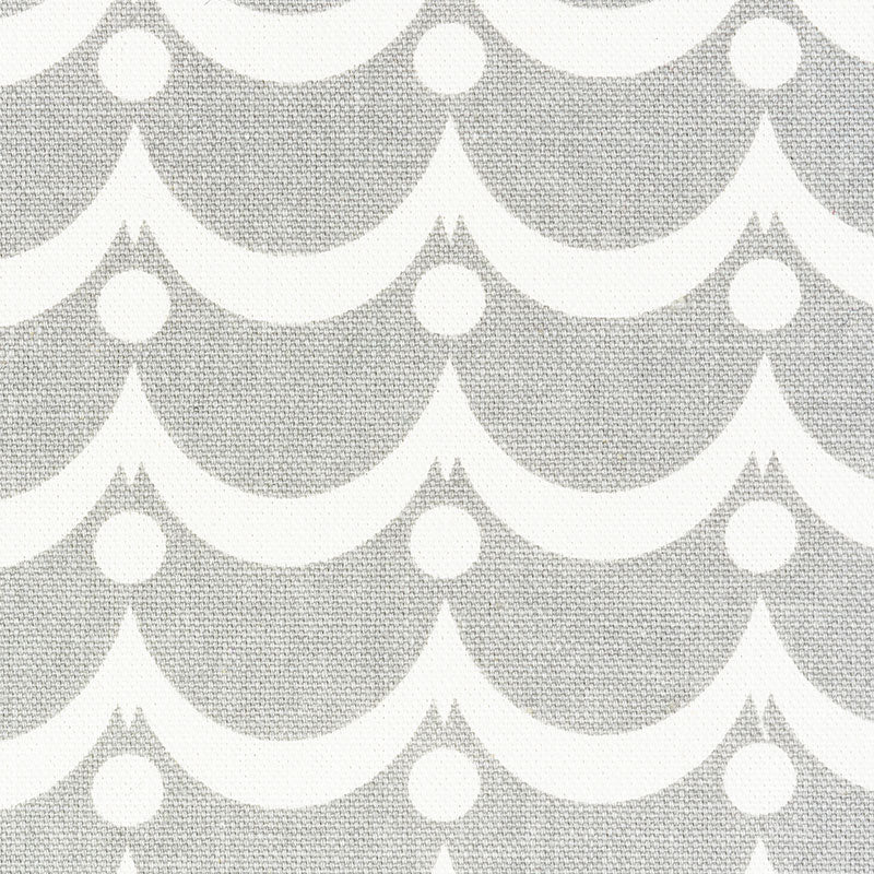 Gray wallpaper with a repeating white scallop wave pattern and circular dots.