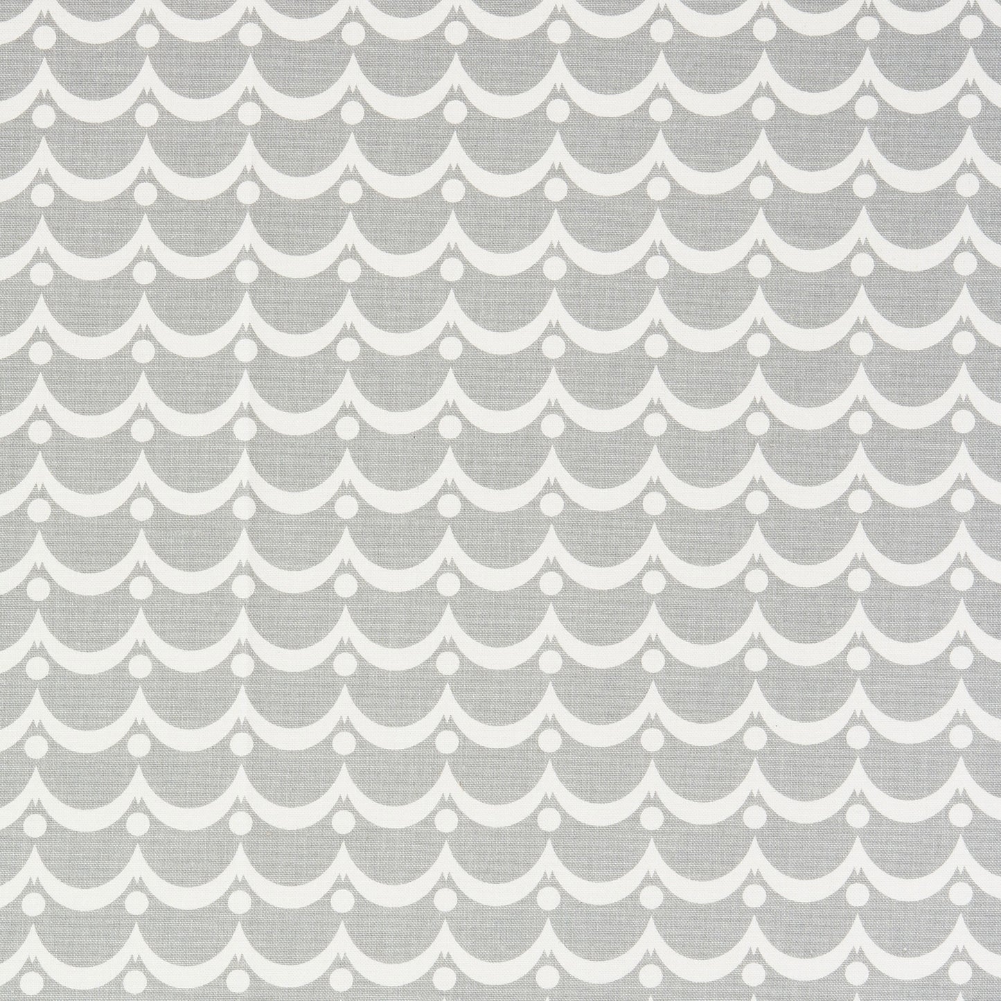Gray fabric with a repeating white scalloped arc pattern and small white dots.