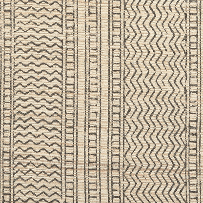 Beige woven rug with black vertical geometric stripes, featuring zigzag and wave motifs.
