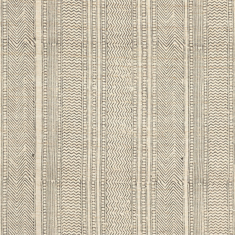 Beige woven textile with narrow vertical stripes and chevron zigzag weave patterns.