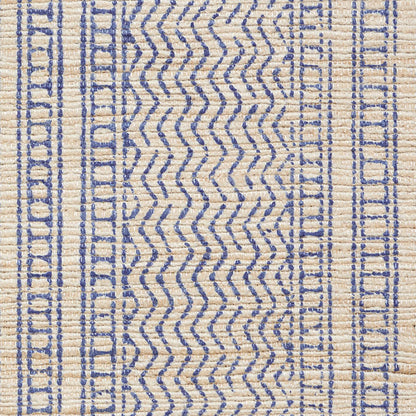 Natural beige flatweave rug with blue zigzag center and geometric border; handwoven boho/traditional decor.