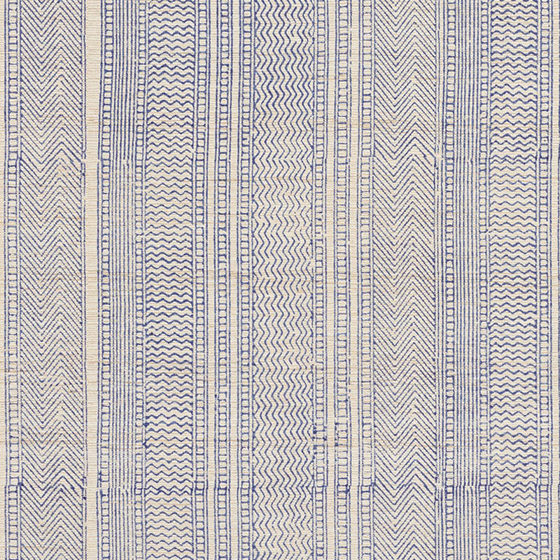 Beige and blue striped woven fabric with chevron zigzag and narrow lines, vertical stripe pattern.