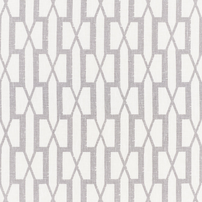 Light gray geometric lattice pattern on white fabric, modern decor textile for curtains or upholstery.