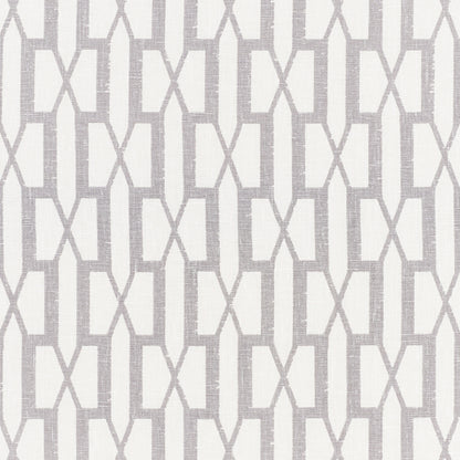 Light gray geometric lattice pattern on white fabric, modern decor textile for curtains or upholstery.