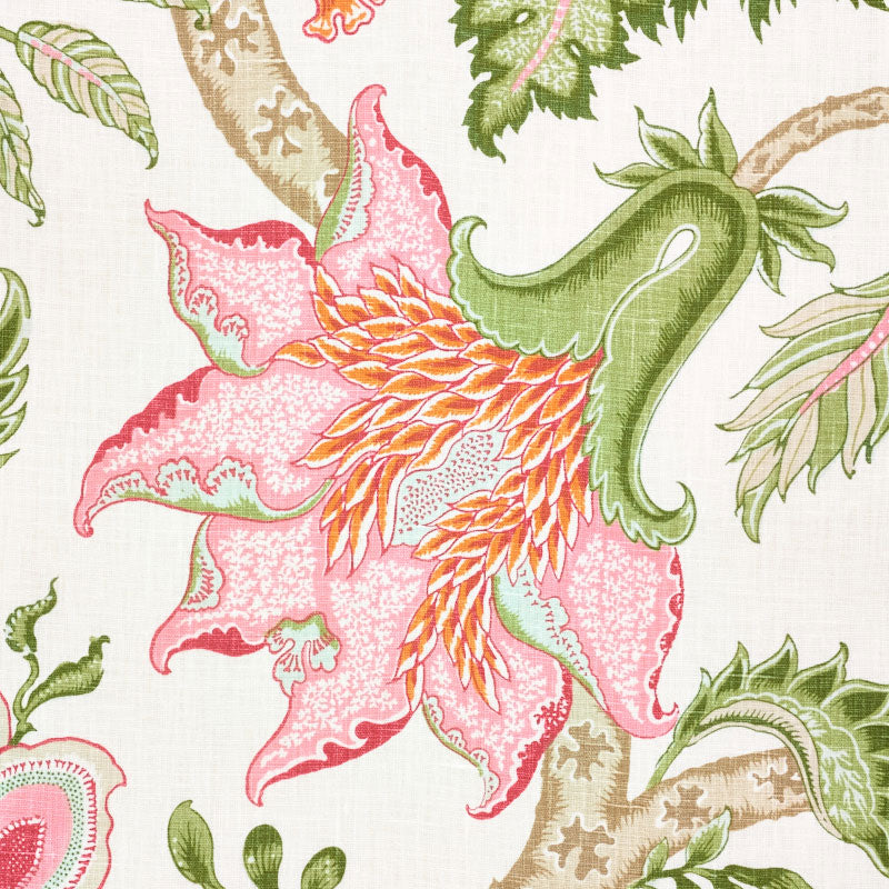 Floral fabric print featuring a large pink-orange tropical flower with green stem and leaves on beige background.