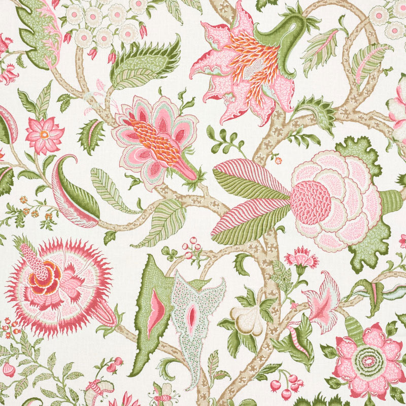Ivory floral wallpaper with pink peonies, green leaves & brown vines in a botanical damask pattern.