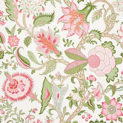 Ivory floral wallpaper with pink peonies, green leaves & brown vines in a botanical damask pattern.