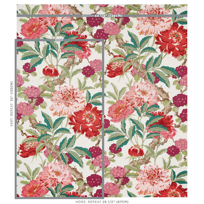 Floral wallpaper pattern with pink & fuchsia peonies, berries and green leaves on cream background.