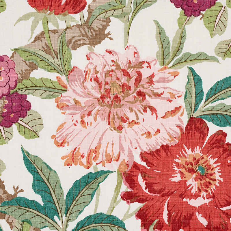 Floral fabric print featuring large pink and red peonies with teal leaves on a light cream background.
