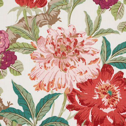 Floral fabric print featuring large pink and red peonies with teal leaves on a light cream background.