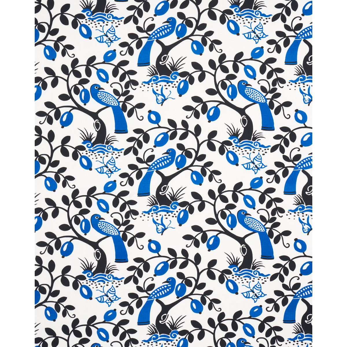 SCHUMACHER FABRIC  PRINT HAPPY OLIVE TREE   BLACK & BLUE   - 177470