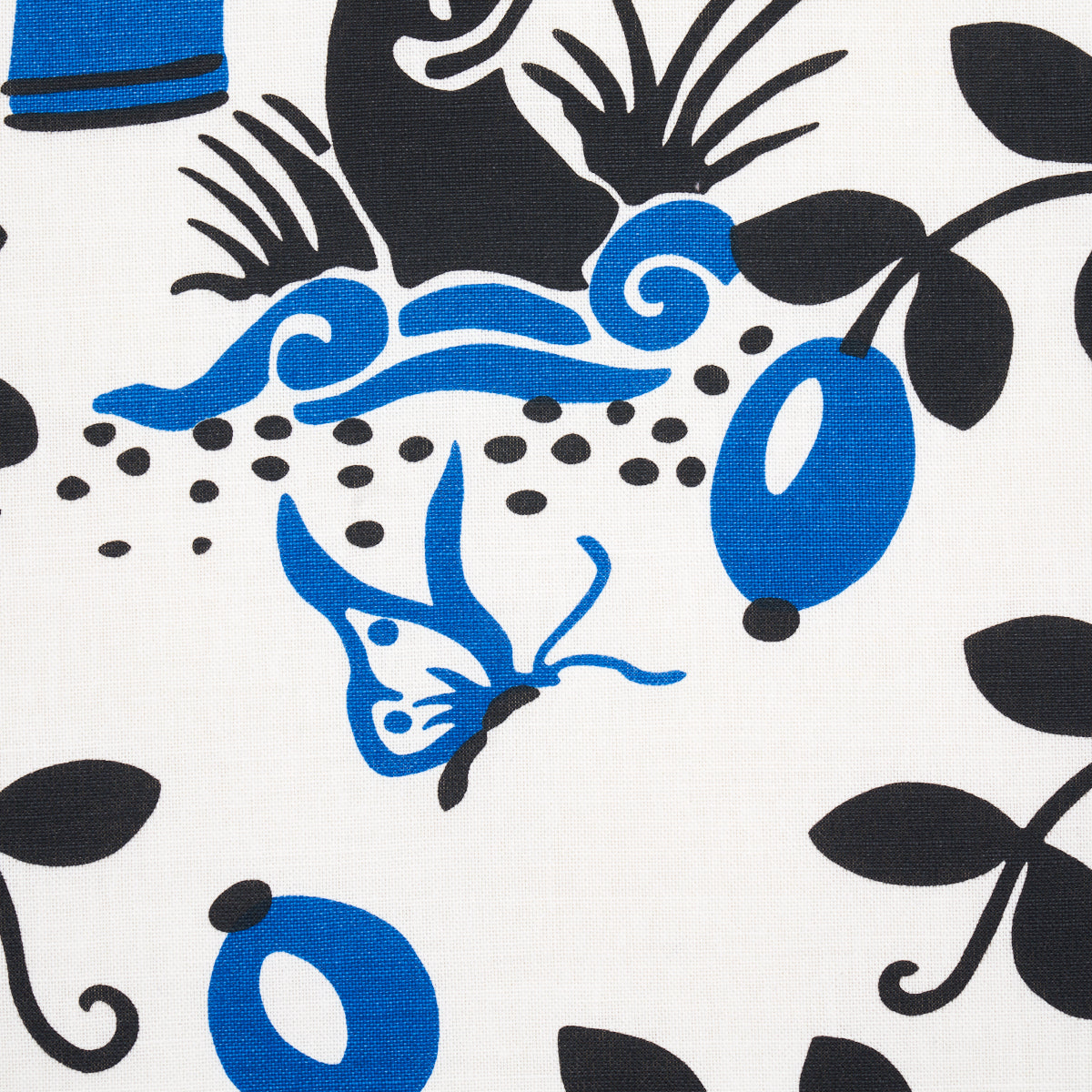 SCHUMACHER FABRIC  PRINT HAPPY OLIVE TREE   BLACK & BLUE   - 177470