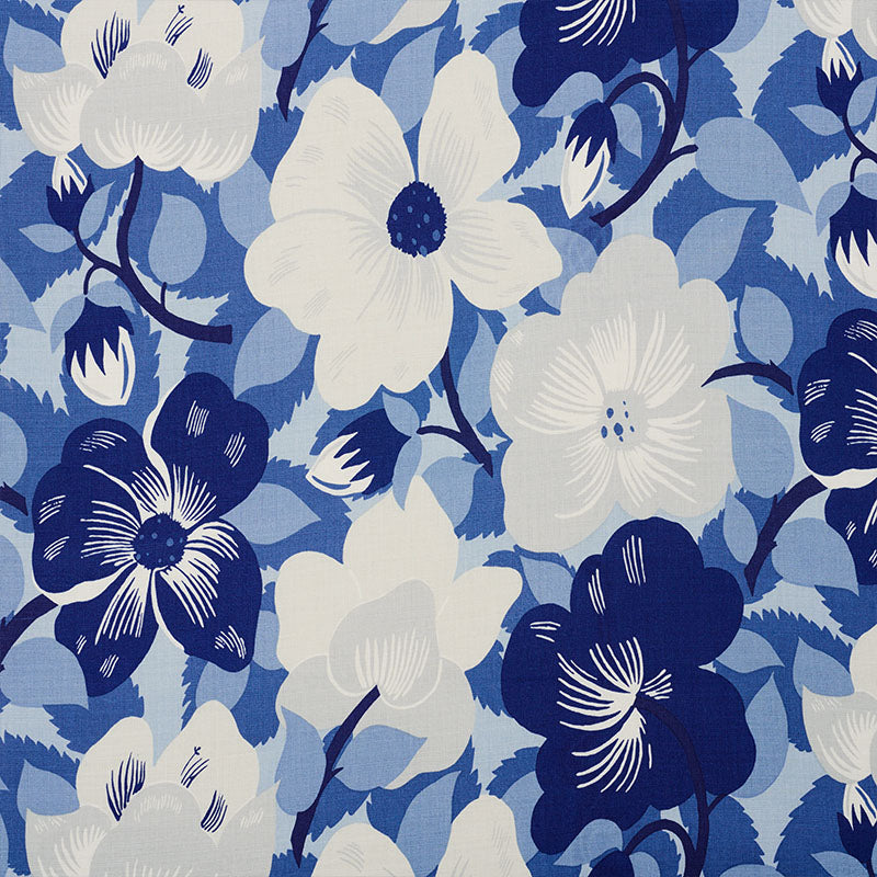 Blue floral pattern with large white and dark blue flowers and leaves; tropical print for fabric, wallpaper, or upholstery.