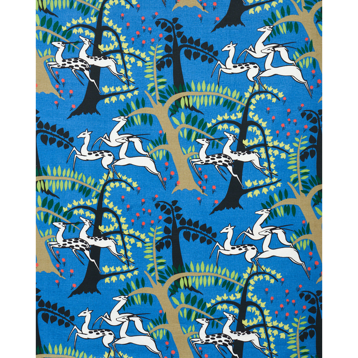 Repeating blue textile pattern with white prancing horses, stylized green trees, brown trunks, and red berries.