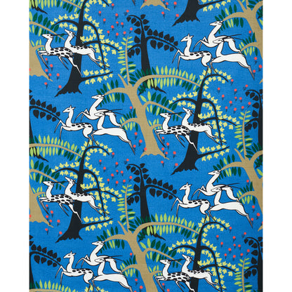 Repeating blue textile pattern with white prancing horses, stylized green trees, brown trunks, and red berries.
