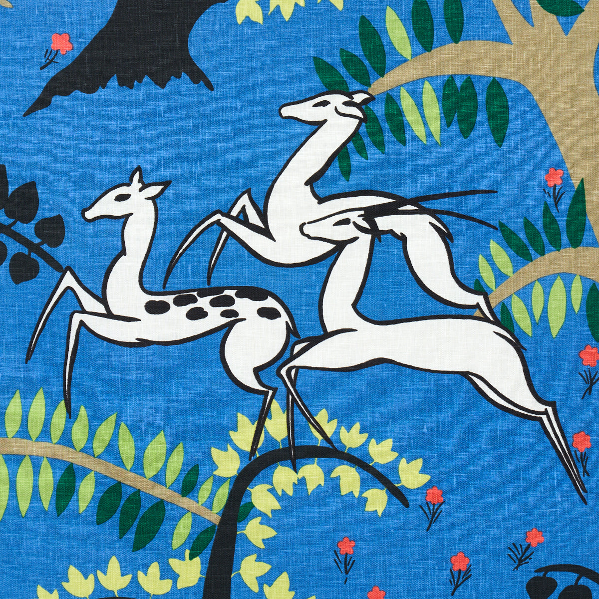Blue fabric pattern with white stylized cranes on branches, green leaves and tiny red flowers.