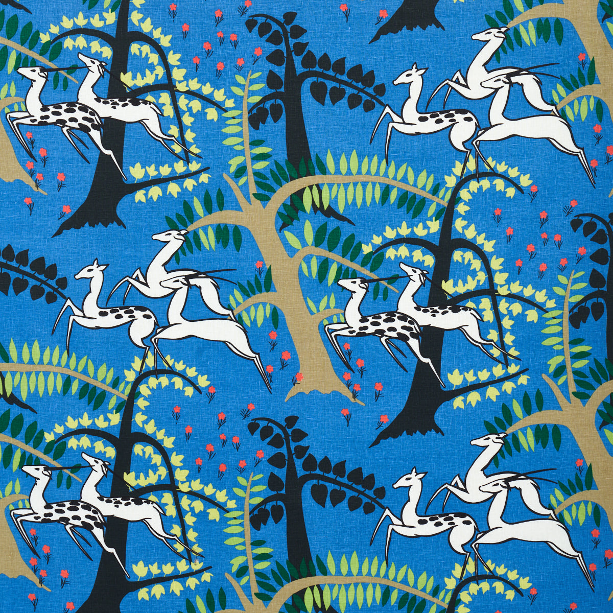 Bright blue fabric print with white llama silhouettes among whimsical green and yellow trees and pink blossoms.
