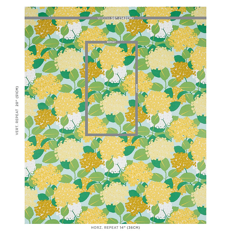 Floral wallpaper pattern with yellow hydrangea blooms and green leaves on pale cream background; centered gold rectangle swatch.