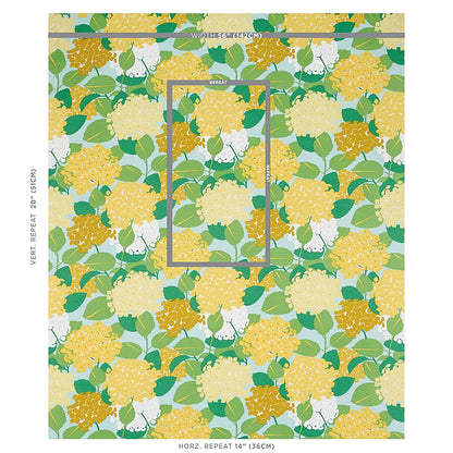 Floral wallpaper pattern with yellow hydrangea blooms and green leaves on pale cream background; centered gold rectangle swatch.