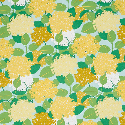 Bright hydrangea floral print with yellow and white blooms and green leaves on a light teal background