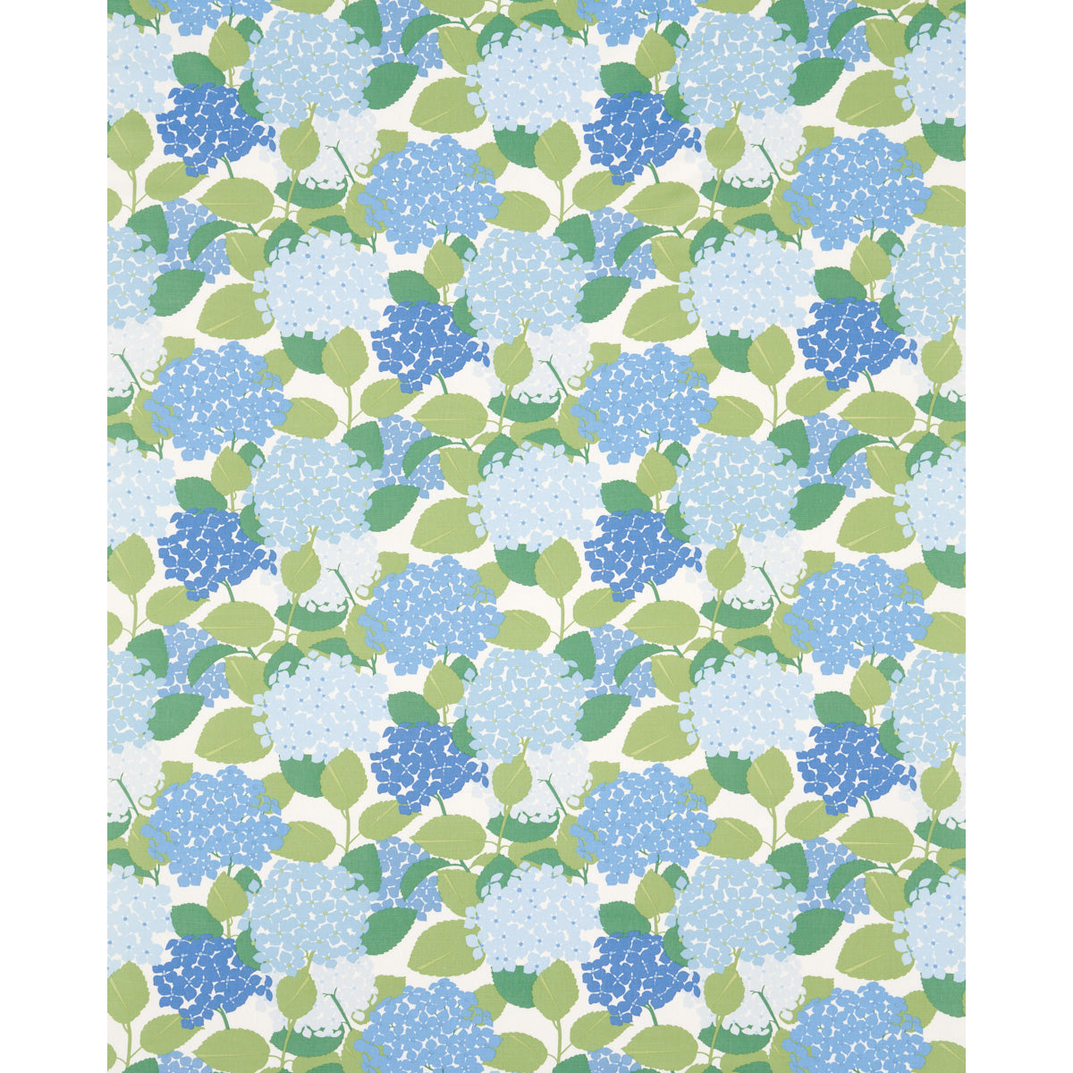 Hydrangea print on porcelain with light and medium blue blossoms and green leaves on a pale background.