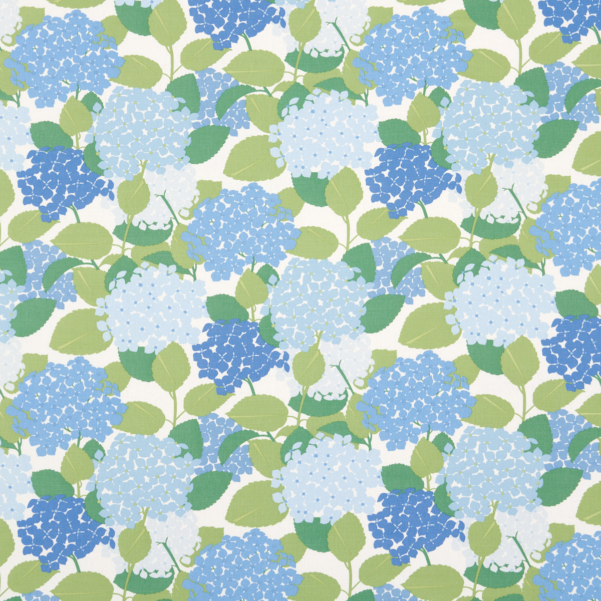 Blue hydrangea floral print with green leaves on pale background; botanical textile/wallpaper pattern.