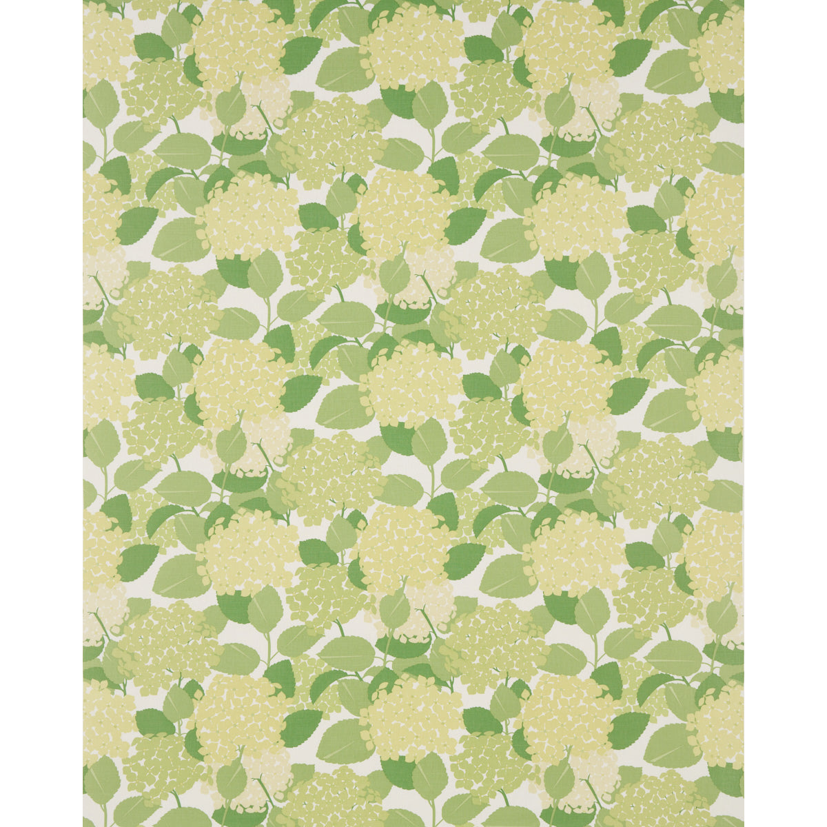 Repeating floral pattern of pale yellow hydrangea-like clusters with green leaves on a light beige background.