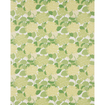 Repeating floral pattern of pale yellow hydrangea-like clusters with green leaves on a light beige background.
