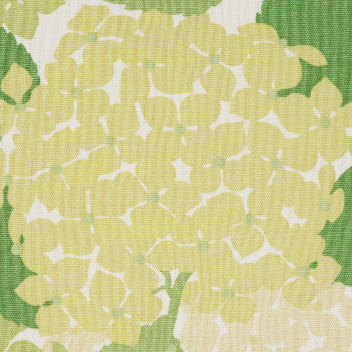 Yellow hydrangea floral pattern on green background, linen-textured fabric.