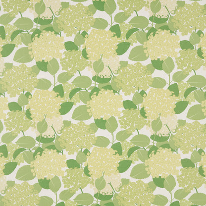 Seamless hydrangea pattern with pale yellow-green blossoms and light green leaves.