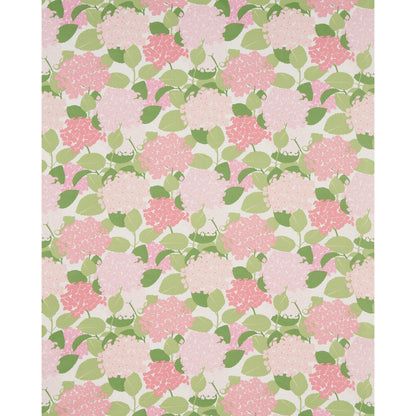 Pastel pink hydrangea blossoms with green leaves in a repeating floral wallpaper pattern.