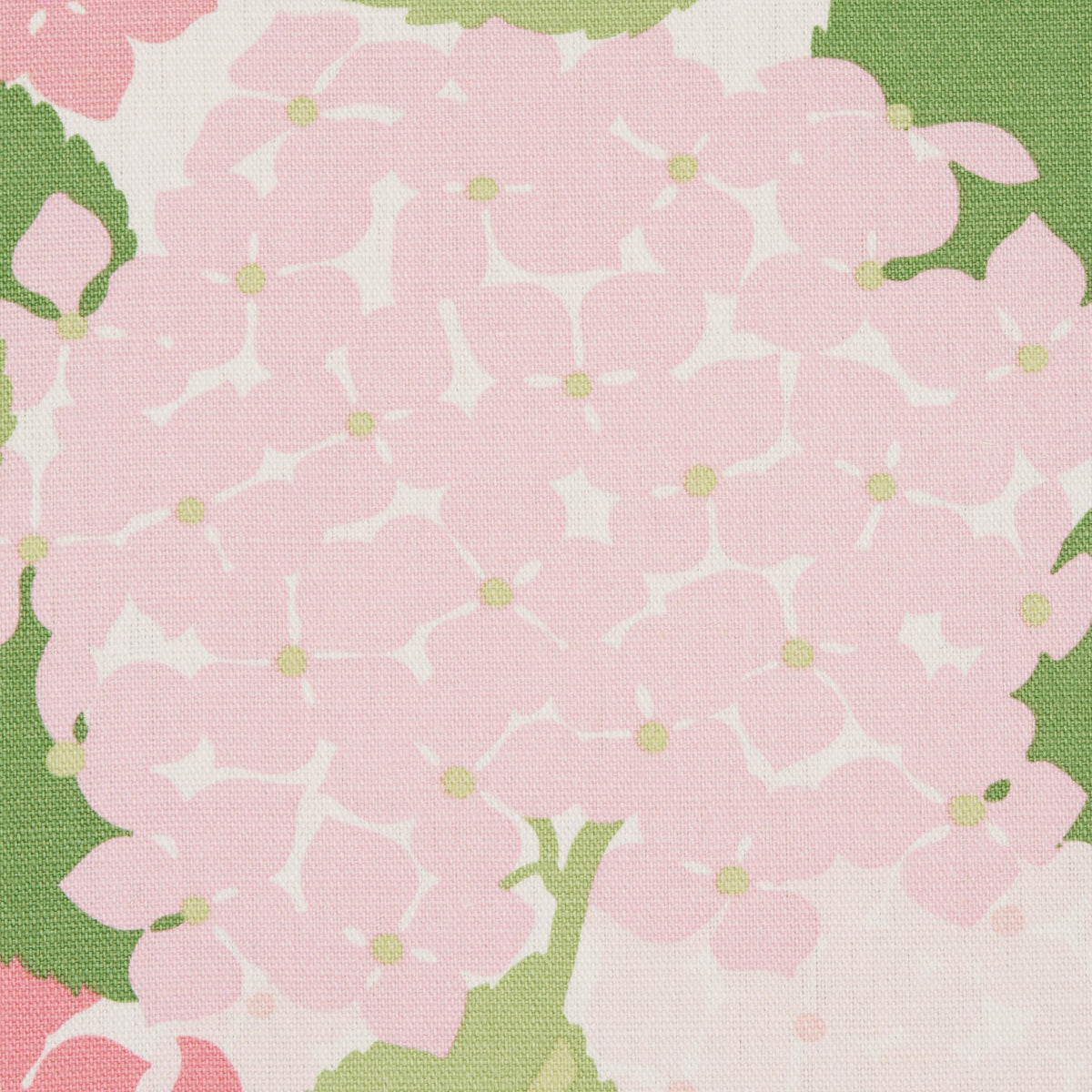 Powder pink hydrangea floral print on cream fabric & green leaves; soft linen-like texture.