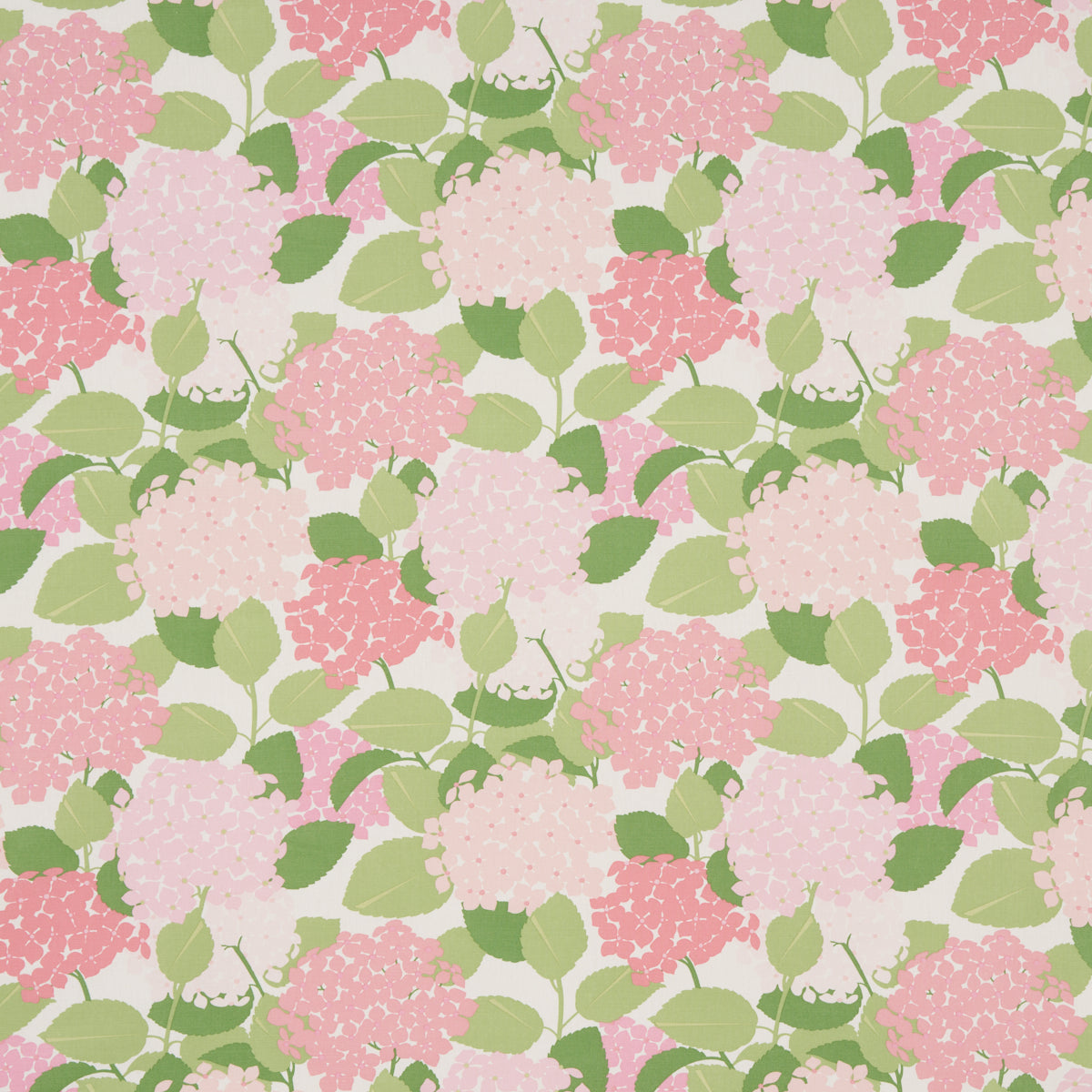 Repeating pastel pink hydrangea floral pattern with green leaves on cream background.