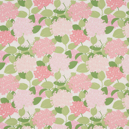 Repeating pastel pink hydrangea floral pattern with green leaves on cream background.