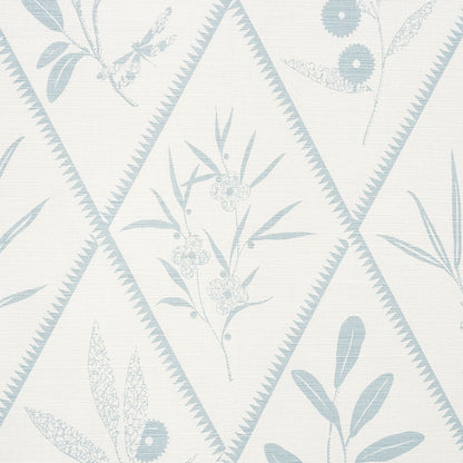 Light blue botanical fabric with diamond lattice panels and delicate floral sprigs on ivory background