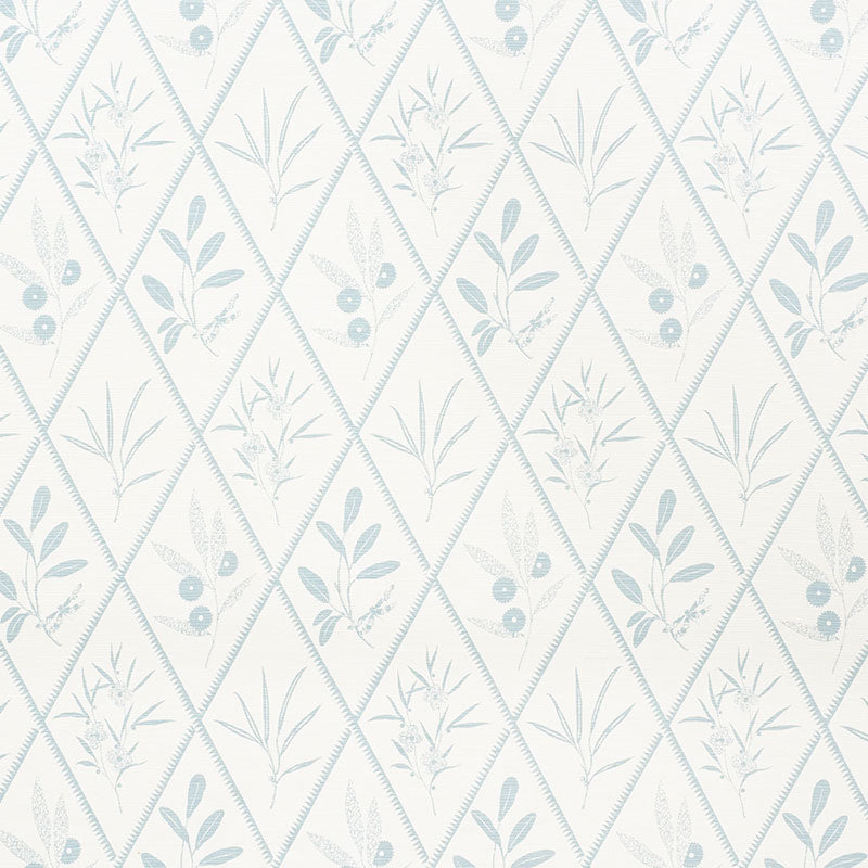 Pastel blue botanical fabric with diamond lattice and delicate leaves and berries.
