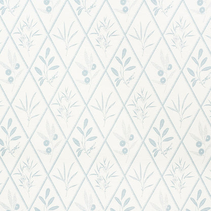 Pastel blue botanical fabric with diamond lattice and delicate leaves and berries.