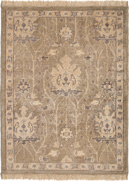 Beige oriental-style rug with a faded central floral medallion, taupe border and fringed ends.