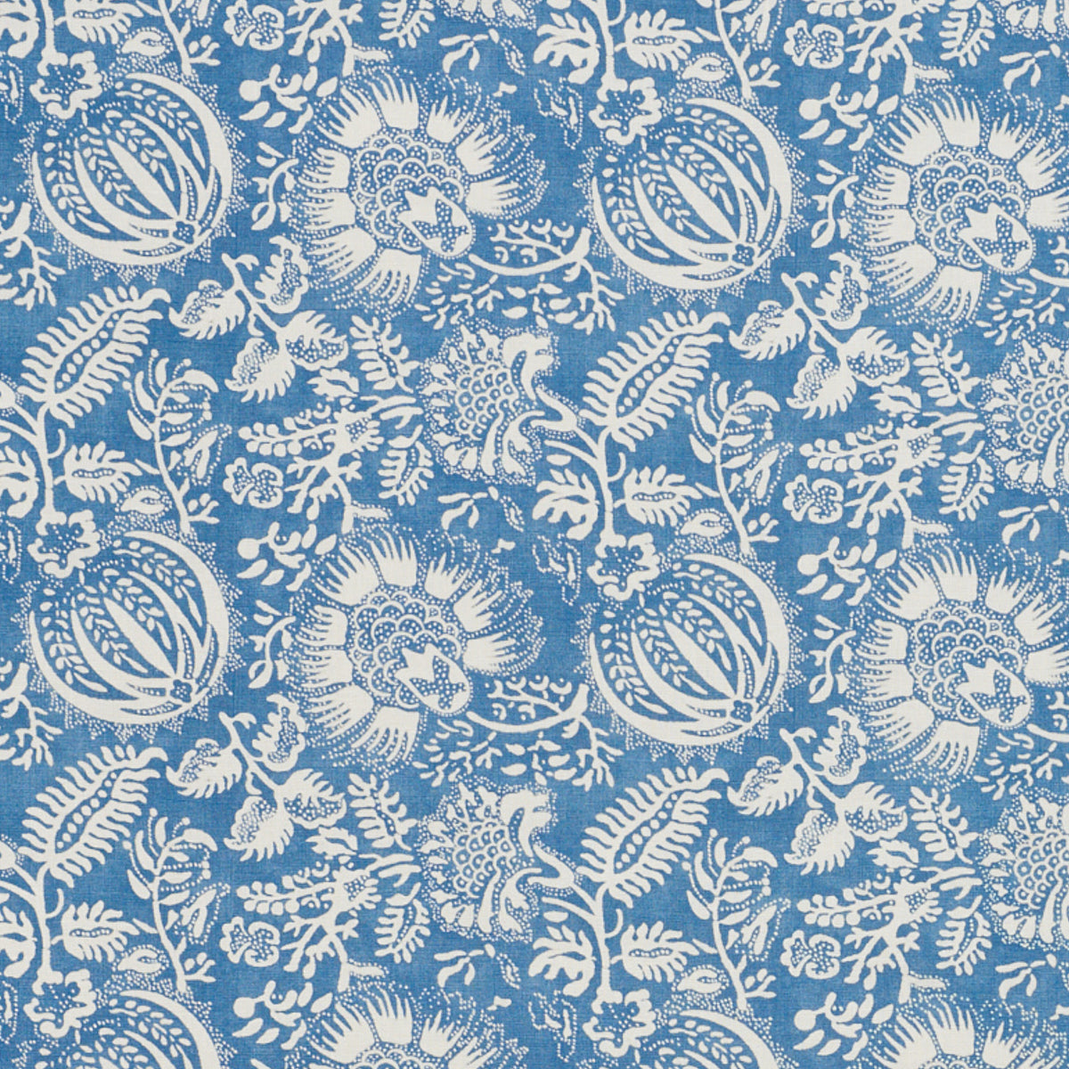 Blue fabric with white damask floral pattern, round medallions and scrolling vines.