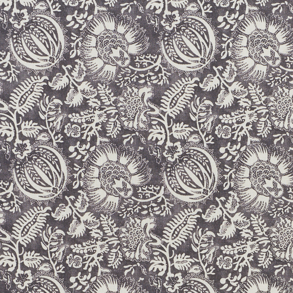 Cream-on-navy floral paisley textile with vines and circular seedpod motifs; vintage botanical print for upholstery or drapes.