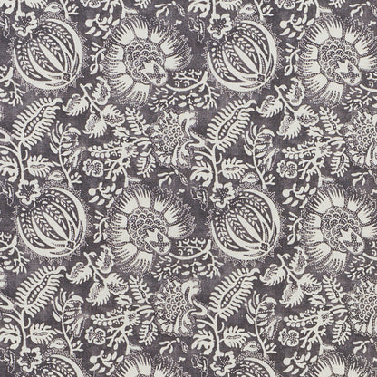 Cream-on-navy floral paisley textile with vines and circular seedpod motifs; vintage botanical print for upholstery or drapes.