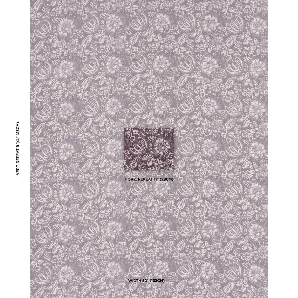 Aubergine pomegranate print fabric with floral damask motif; square inset marks the repeat block.