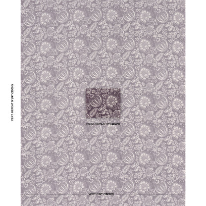 Aubergine pomegranate print fabric with floral damask motif; square inset marks the repeat block.