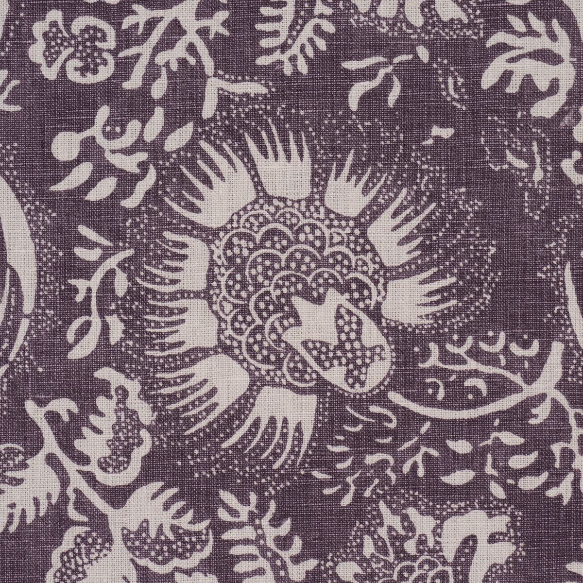 Purple aubergine fabric with a pomegranate print, linen-like texture, boho chic pattern for apparel or home decor.