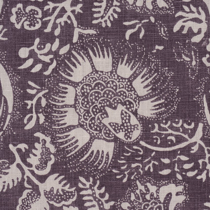 Purple aubergine fabric with a pomegranate print, linen-like texture, boho chic pattern for apparel or home decor.