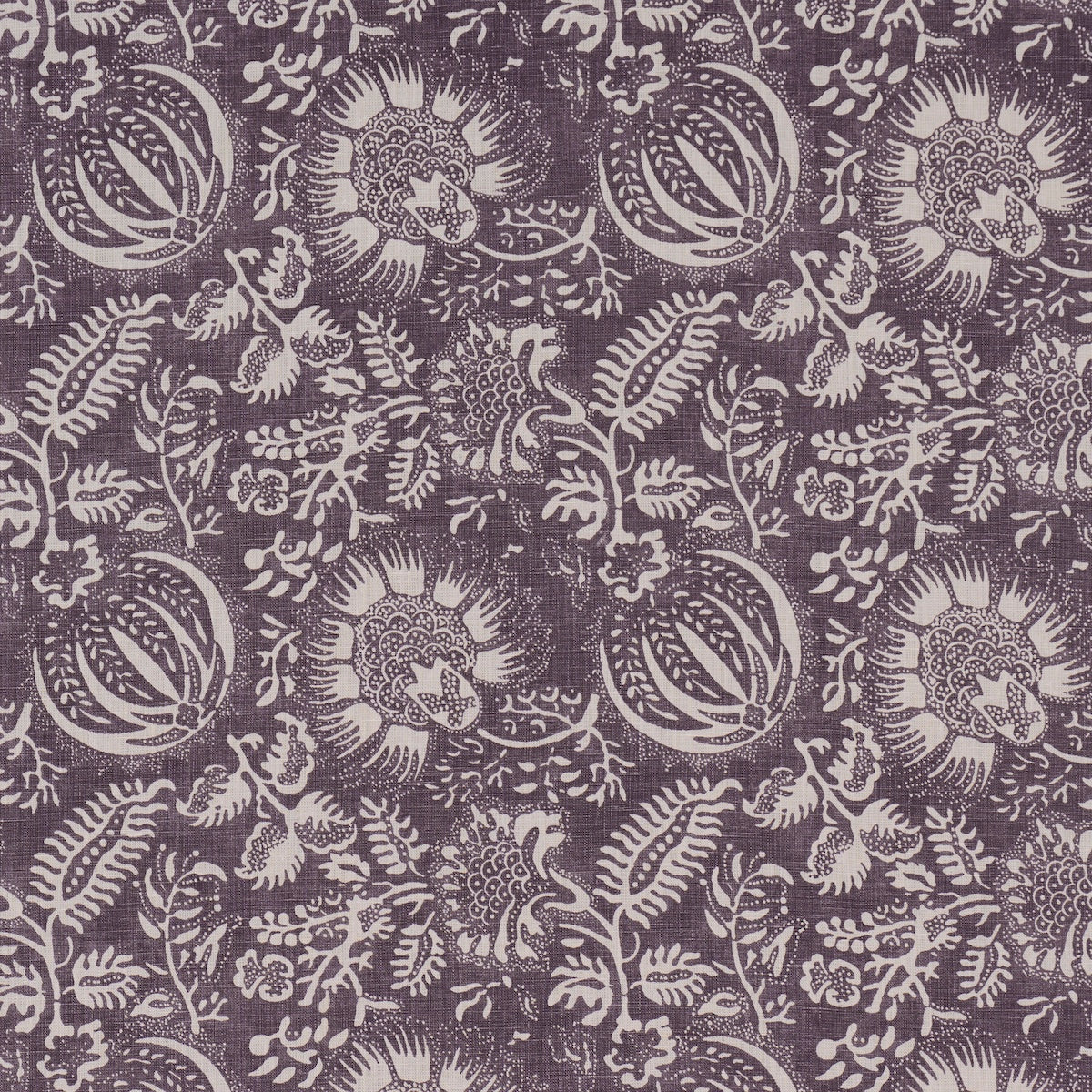 Purple damask-patterned fabric with cream floral vines and round blossoms.