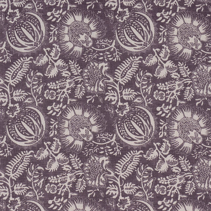 Purple damask-patterned fabric with cream floral vines and round blossoms.