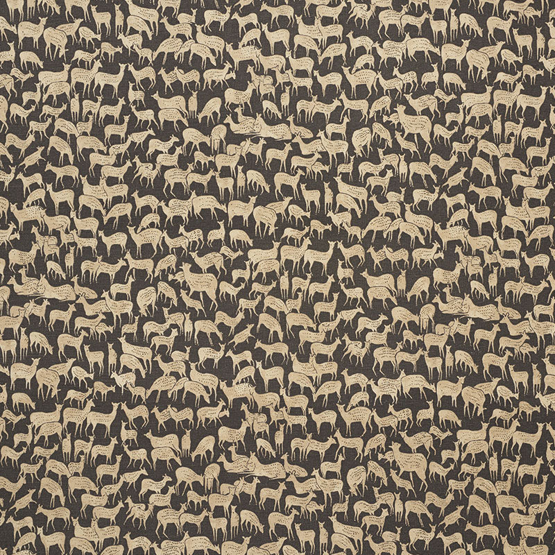 Beige horse silhouettes repeat across a dark brown textile; vintage equine pattern for fabric or wallpaper.