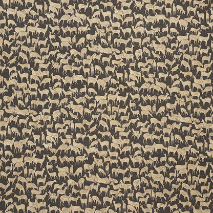 Beige horse silhouettes repeat across a dark brown textile; vintage equine pattern for fabric or wallpaper.